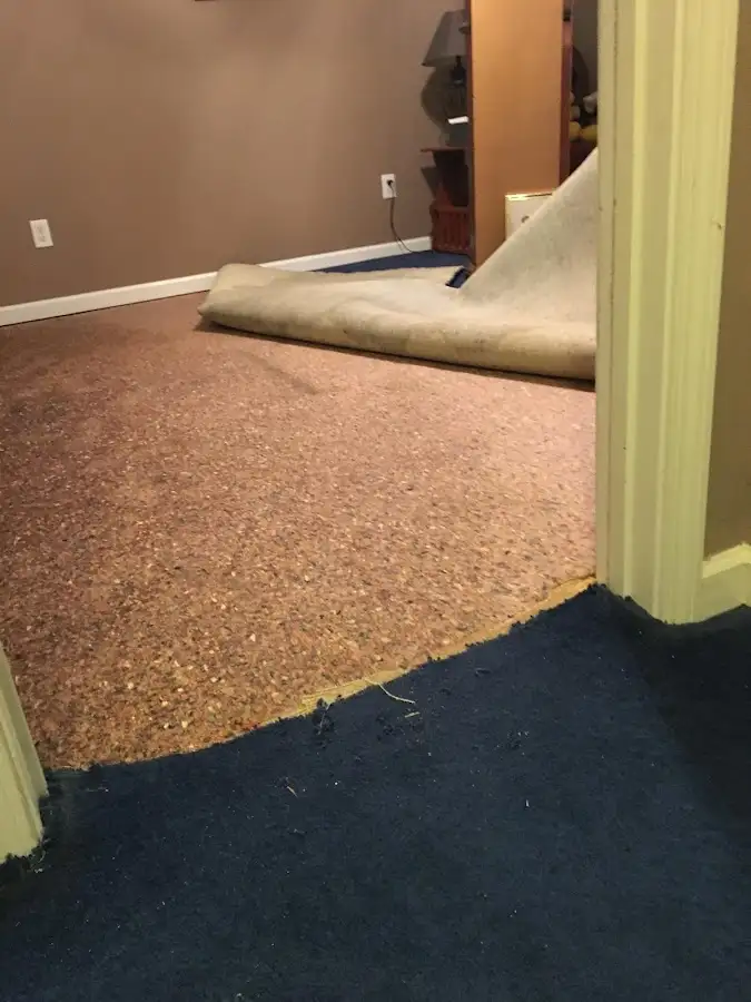Carpet pad removal revealing water damage during Water Mitigation Services in East Moline